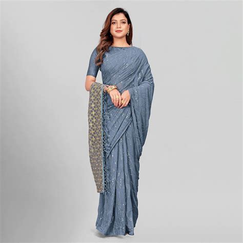 Grey & Gold-Toned Embellished Sequinned Pure Georgette Saree