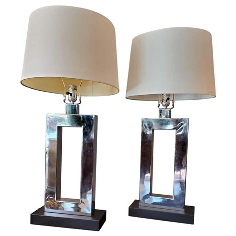 Pair of Mid-Century Modern Chrome and Wood Base Table Lamps with ...