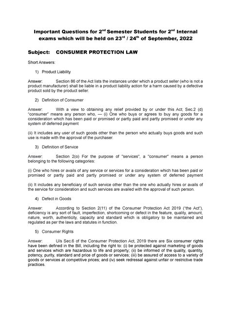 Consumer Protection LAW - 2nd Internal - Important Questions for 2 nd ...