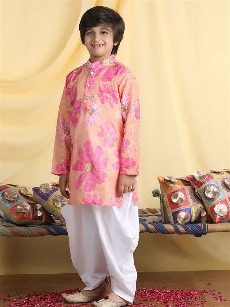 Cutiekins Boys Floral Print Mandarin Collar Kurta with Dhoti -Orange