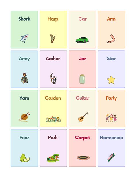 R Controled Vowel AR Sound Words with Pictures Worksheet PDF