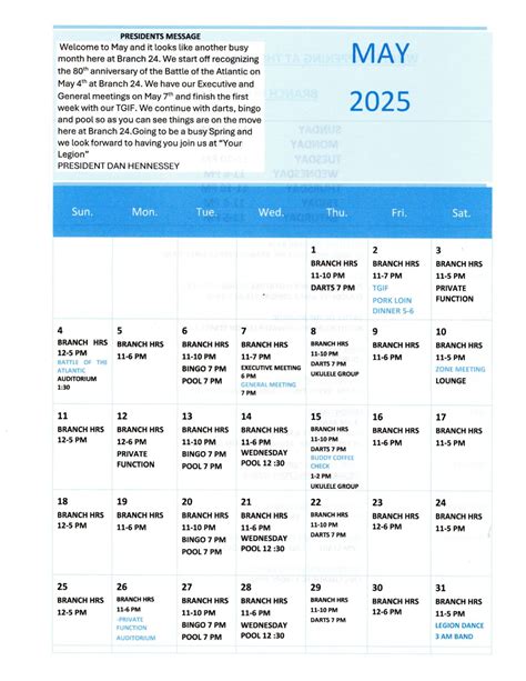 Bridgewater Legion Branch No. 24 - May 2025 Calendar