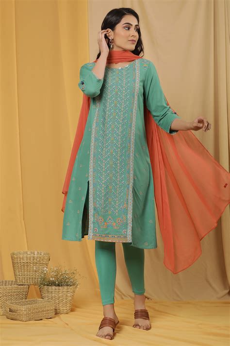 Buy Green Placement Print Kurta, Tights And Dupatta Set @ 5299 | W for ...