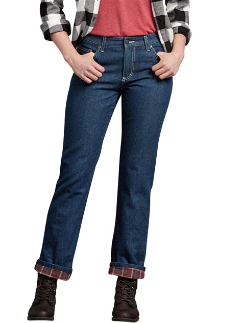 Dickies Women's Relaxed Fit Straight Leg Flannel Lined Denim Jeans ...