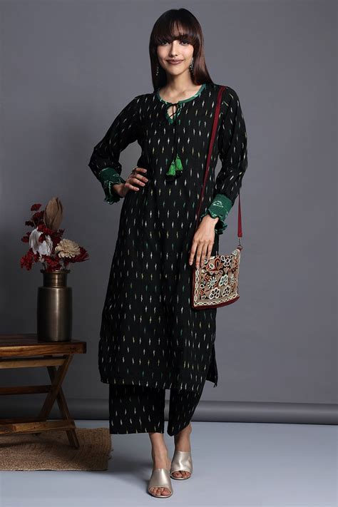 long kurta with smocked sleeve details - noir velvet & speckled elegan ...