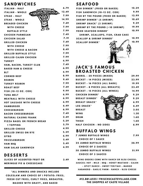 Menu at Frisch's Caste Village, Pittsburgh