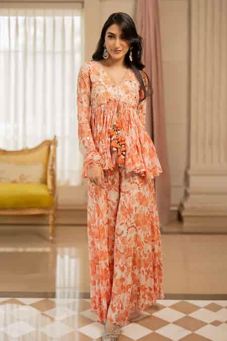 Buy Orange Georgette Embroidery, Tassels V-neck Printed Peplum Top And ...