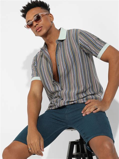 ₹799 | Campus Sutra Men's Sage Green Contrast Knitted Shirt - Campussutra