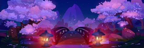 Japanese park with sakura trees and stone bridge | Free Vector