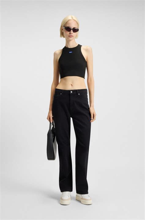 HUGO - Cropped stretch-cotton tank top with blue logo label - Black