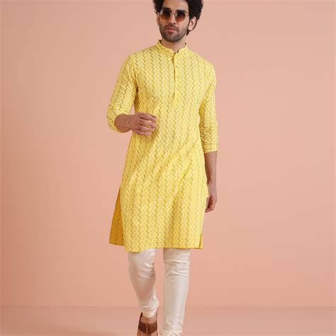 Yellow Cotton Blend Kurta Set with Geometric Woven Pattern and Cream C ...
