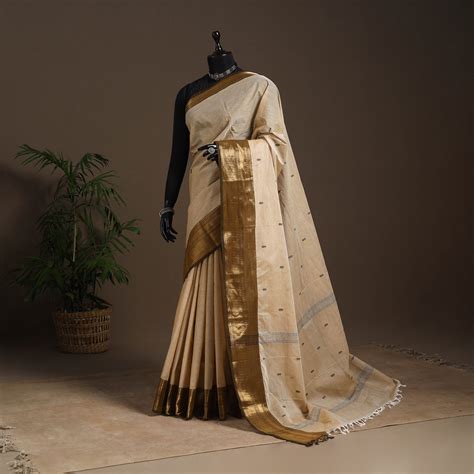 Beige Kandangi Buti Chettinad Cotton Saree with Border