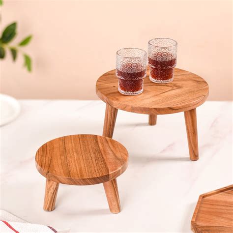 Wooden Stool Pedestal Serving Platter Set Of 2 Online - Premium Platter ...