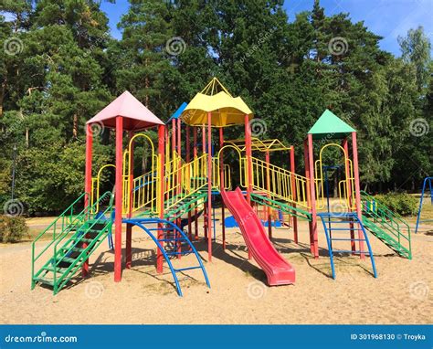Children S Outdoor Playground Equipment with Slides and Ladders in Park ...
