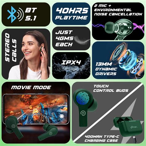 pTron Basspods Buds Plus AI-ENC TWS Earbuds (Green) - pTron India