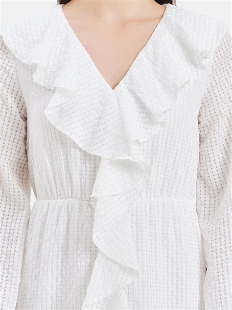 Frill White Mini Dress with Elasticated Waist - Textured Mini Dress – KAZO