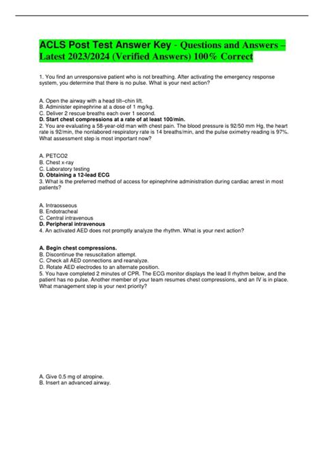 ACLS Post Test Answer Key - Questions and Answers – Latest 2023/2024 ...