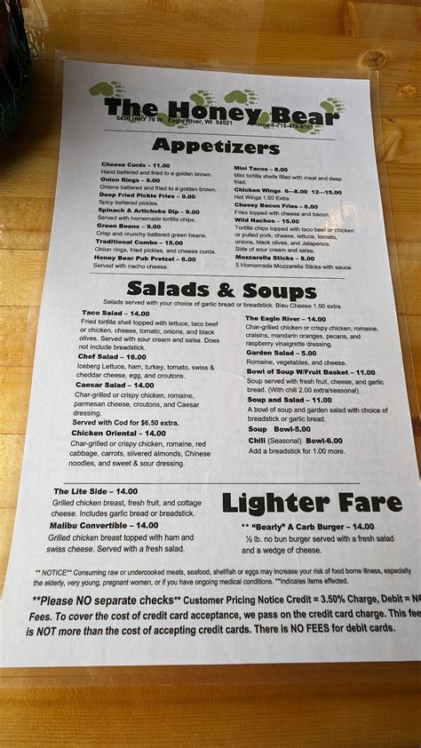 Menu at Honey Bear restaurant, Eagle River, WI-70