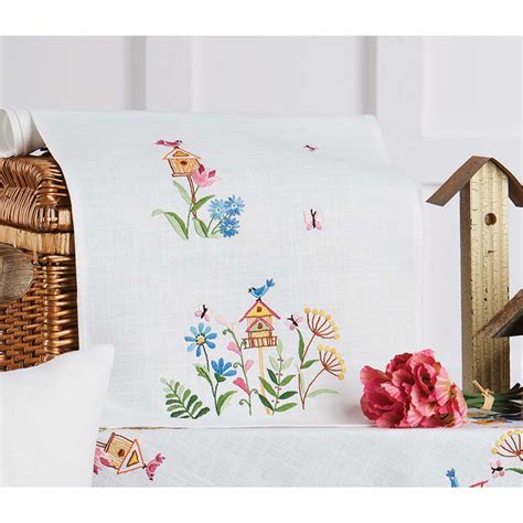 Nob Hill Birdhouses in Flowers Table Runner Stamped Embroidery Kit ...