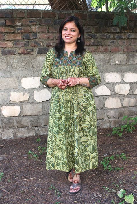 Green Cotton Ajrakh Kalidar A-line Kurti – Nakshshopindia