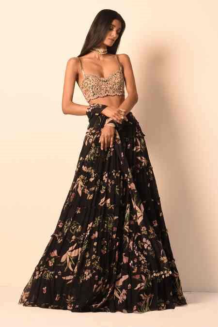 Buy Black Blouse Net Printed Floral Sweetheart Neck Tiered Skirt Set ...