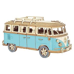 DIY Manual Assembly Model Car Wooden Retro Bus 3D Puzzle Camper Van ...