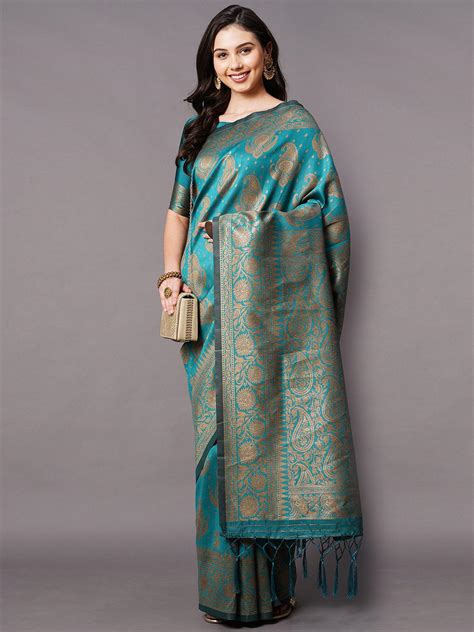 Buy Teal Blue Festive Silk Blend Woven Design Saree With Unstitched ...