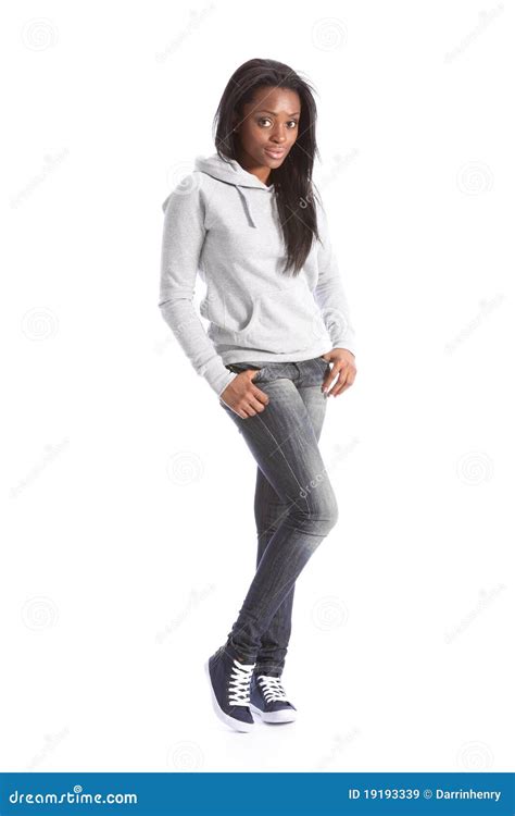 African American Teenage Girl in Jeans and Hoodie Stock Image - Image ...