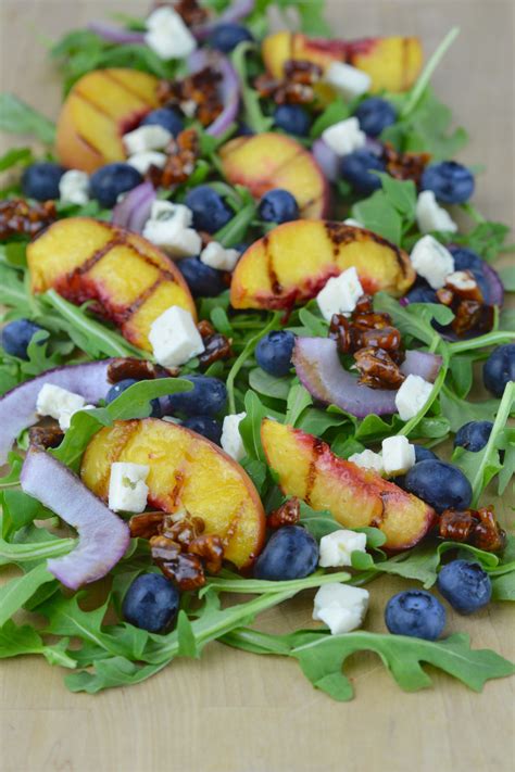 Grilled Peach Salad with Candied Pecans and Blue Cheese - My Big Fat ...