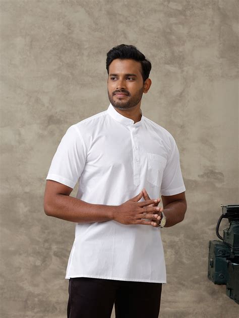 Men Cotton Short Length Plain Pocket Kurta White