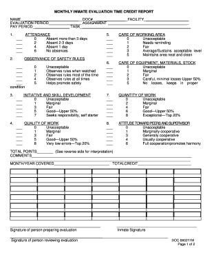 Fillable Online MONTHLY INMATE EVALUATION TIME CREDIT REPORT Fax Email ...