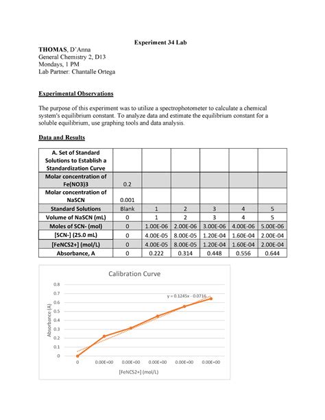 Experiment 34 - Experiment 34 Lab THOMAS, D’Anna General Chemistry 2, D ...