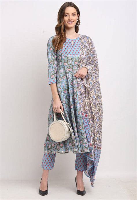 Blue Pure Cambric Cotton Printed Kurta Set With Dupatta – Rajnandini ...