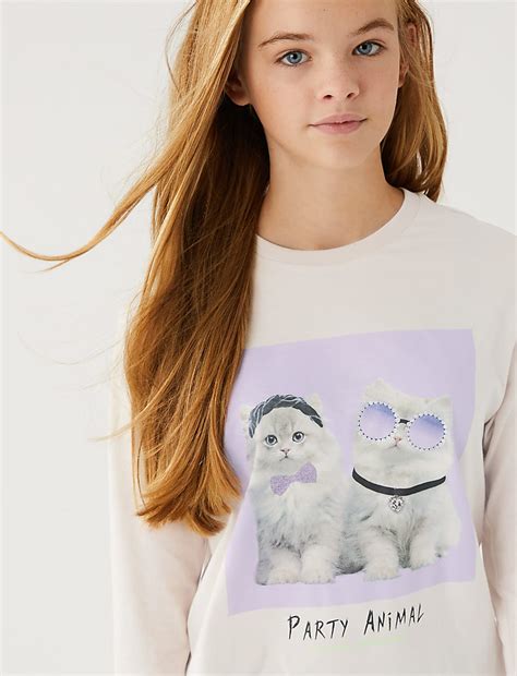 Buy Pure Cotton Cat Print T-Shirt at Marks & Spencer