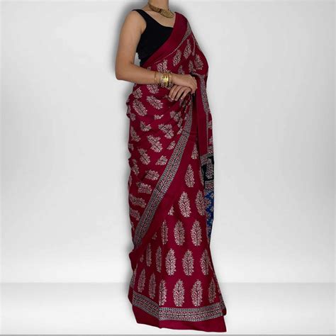 Radhika- Maroon, Black & Blue Modal Ajrak Saree | Shobhangini
