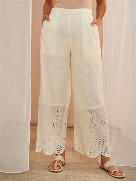 Buy Off White Embroidered Cotton Wide Leg Palazzos Online at Rs.1159 ...