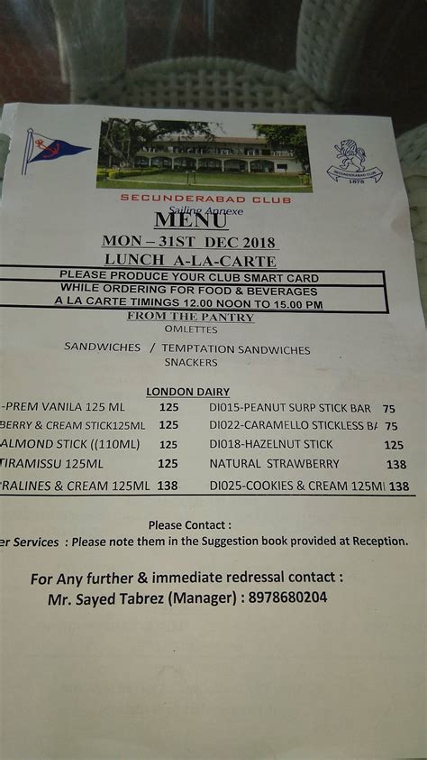Menu at Sailing annexe, Hyderabad