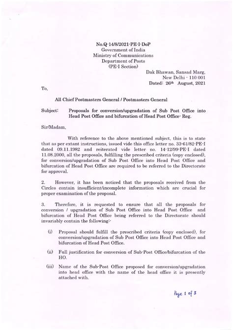 Proposals for conversion/upgradation of Sub Post Office into Head Post ...