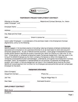 TEMPORARY/ PROJECT EMPLOYMENT CONTRACT Doc Template | pdfFiller