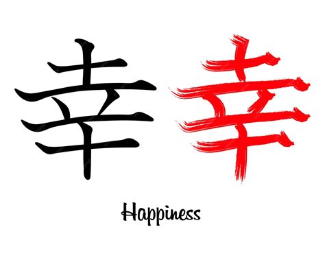 Japanese hieroglyphs. the word happiness, in black ink and a red grunge ...