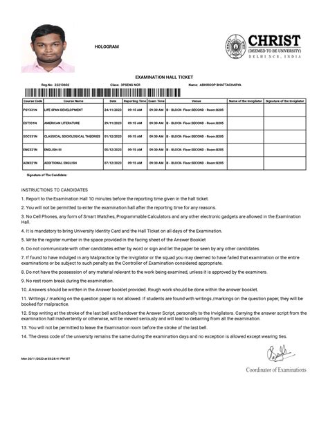 english subject - HOLOGRAM EXAMINATION HALL TICKET Reg: 22213602 Class ...
