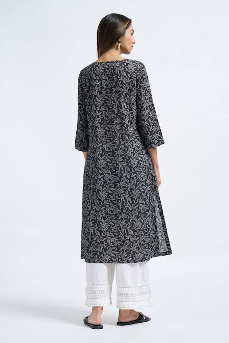 Black Printed Calf Length Casual Women Regular Fit Kurtas - Selling ...