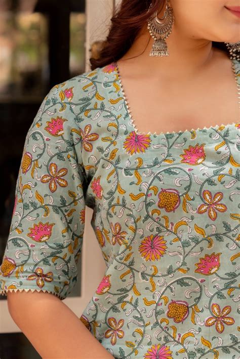 SUNHARI PISTA GREEN HAND BLOCK PRINT COTTON KURTA SET WITH SOFT NET DU ...