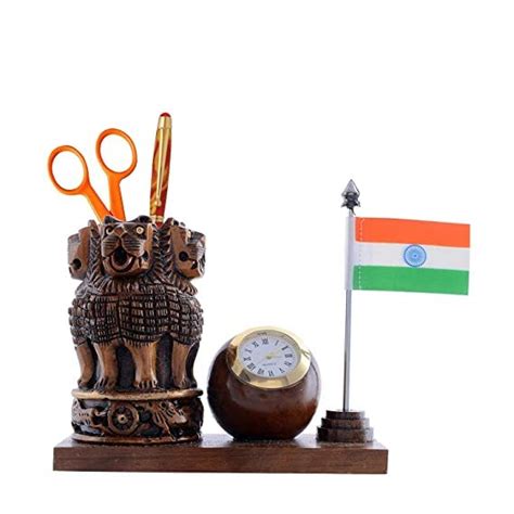 Patwari Arts Wooden Dark Brown Ashokha Stambh Pen Stand With Watch And ...