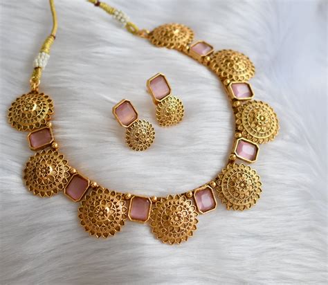 Antique gold tone block baby pink stone necklace set dj-38643 – dreamjwell