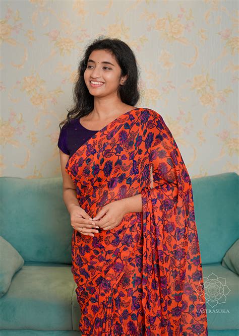 Rust Orange Floral Chiffon Saree – Vastrasuka
