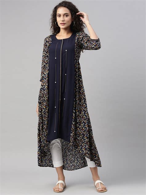 Neerus Women Navy Blue Ethnic Motifs Printed Kurta – Neerus India