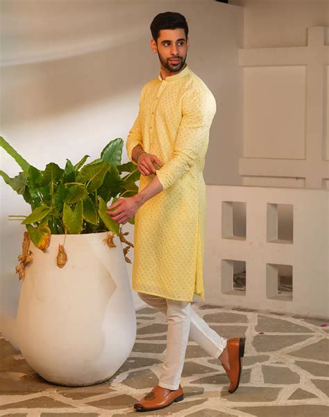 Self Design Georgette Embellished Work Yellow Kurta Pyjama Set – RS ...
