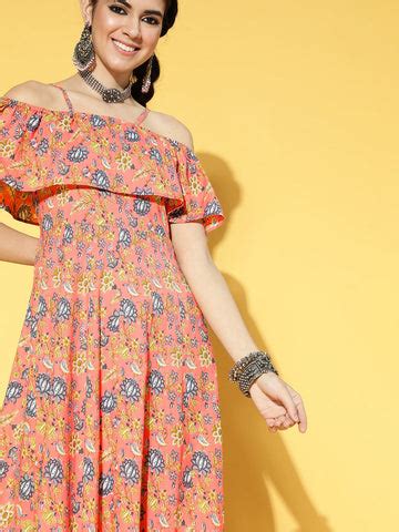 Buy Women's Peach-Coloured & Blue Floral Printed Dress Online - Yufta ...