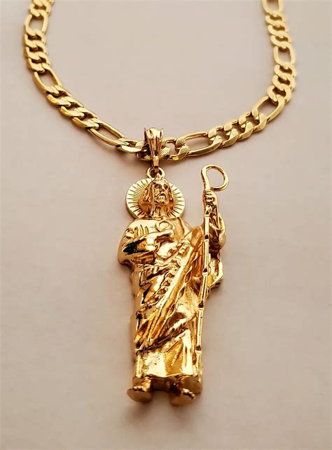 San judas con cadena saint Jude necklace figaro chain Pendant 14k gold ...